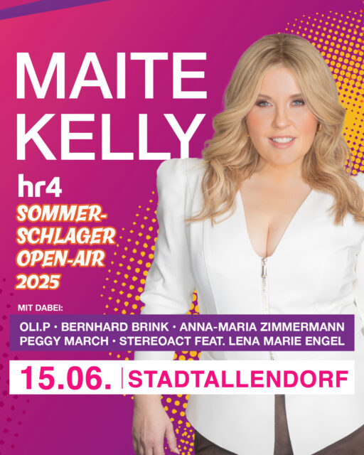 Maite Kelly live beim hr4 Sommer Schlager Open Air!
Am 15.06.2025 wird Stadtallendorf zum Schlager-Hotspot! Freut euch auf Maite Kelly, die mit ihrer unverwechselbaren Stimme, großartigen Songs und mitreißender Bühnenpräsenz für pure Emotionen sorgen wird! 💃❤️
Gemeinsam mit vielen weiteren Stars wird sie den Sommer musikalisch unvergesslich machen! Seid dabei und erlebt einen Abend voller Hits, guter Laune und echter Schlagerliebe. 🎶🔥
Außerdem mit dabei: Oli Petszokat - Oli.P • Bernhard Brink • Anna-Maria Zimmermann • Peggy March - Deutschland • Stereoact feat. Lena Marie Engel
🎟️ Tickets sichern und dabei sein!
https://depro-konzerte.de/etn/sommer-schlager-open-air/