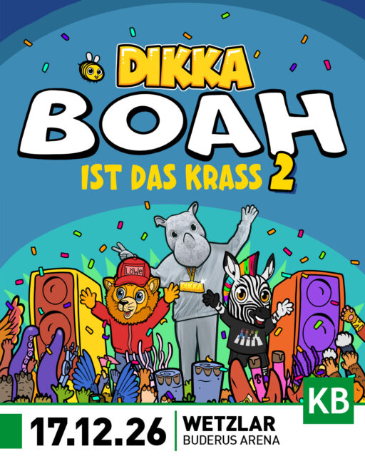 BOAH IST DAS KRASS - DIKKA kommt nach Wetzlar!

Am 17. Dezember 2026 kommt DIKKA mit seiner Tour „BOAH IST DAS KRASS 2“ erstmals nach Wetzlar. Das Nashorn mit den Beats hat sich seit 2020 zu einer festen Größe im deutschsprachigen Kinder- und Familienpop entwickelt. Sein aktuelles Album greift Themen wie Selbstbewusstsein, Mut und große Gefühle auf – mit Humor, Haltung und ohne erhobenen Zeigefinger. DIKKA-Konzerte gelten als energiegeladene Erlebnisse, in denen Kinder laut sein und Eltern besondere gemeinsame Momente erleben können. Der Tourstopp in Wetzlar bietet Familien die Chance, einen Künstler zu sehen, der Popmusik und Stärke für junge Fans verbindet.