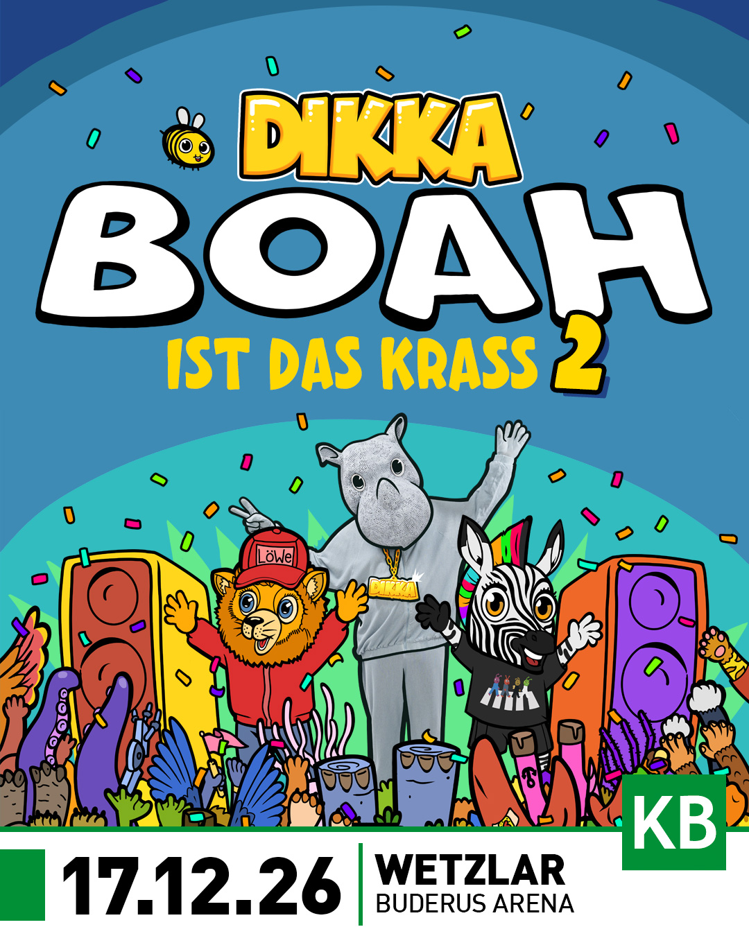 BOAH IST DAS KRASS - DIKKA kommt nach Wetzlar!

Am 17. Dezember 2026 kommt DIKKA mit seiner Tour „BOAH IST DAS KRASS 2“ erstmals nach Wetzlar. Das Nashorn mit den Beats hat sich seit 2020 zu einer festen Größe im deutschsprachigen Kinder- und Familienpop entwickelt. Sein aktuelles Album greift Themen wie Selbstbewusstsein, Mut und große Gefühle auf – mit Humor, Haltung und ohne erhobenen Zeigefinger. DIKKA-Konzerte gelten als energiegeladene Erlebnisse, in denen Kinder laut sein und Eltern besondere gemeinsame Momente erleben können. Der Tourstopp in Wetzlar bietet Familien die Chance, einen Künstler zu sehen, der Popmusik und Stärke für junge Fans verbindet.