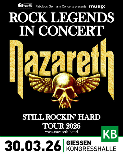 🔥 Hard-Rock-Geschichte live: Nazareth am 30.03.2026 in Gießen 🔥

Mit Nazareth kommt am 30. März 2026 eine Band nach Gießen, deren Name seit über fünf Jahrzehnten untrennbar mit der Geburtsstunde des Hard Rock verbunden ist.

Gegründet 1968 nahe Edinburgh, prägten Nazareth gemeinsam mit Größen wie Led Zeppelin, Deep Purple oder Black Sabbath den Sound der frühen Siebziger. Songs, Riffs und eine Haltung, die Generationen beeinflusst haben – kompromisslos, melodisch und bis heute relevant.

Wer Hard Rock liebt, kennt Nazareth.
Und wer ihn live erlebt hat, weiß: Diese Band steht nicht für Nostalgie, sondern für echte Rock-Momente.

👉 30.03.2026 | Kongresshalle Gießen
🎟️ Tickets ab sofort im Vorverkauf unter: https://konzertbuero-bahl.reservix.de/p/reservix/event/2503261
